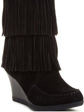 MINNETONKA BLACK DOUBLE FRINGE SIDE ZIP WEDGE BOOTS 8.5